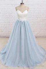Light Blue Tulle Simple Spaghetti Straps Sweep Train Backless Prom Dress