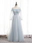 Light Blue Tulle Spaghetti Straps Long Sleeve Pleats Prom Dresses