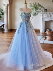 Light Blue Tulle Straps With Lace Applique Prom Dresses, Light Blue Party Dresses