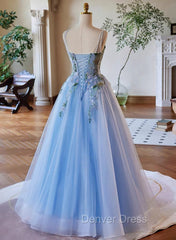 Light Blue Tulle Straps With Lace Applique Prom Dresses, Light Blue Party Dresses
