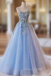 Light Blue Tulle Straps With Lace Applique Prom Dresses, Light Blue Party Dresses