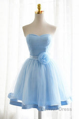 Light Blue Tulle Sweetheart With Bow Cute Party Dresses, Blue Short Homecoming Dresses Prom Dresses