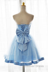 Light Blue Tulle Sweetheart With Bow Cute Party Dresses, Blue Short Homecoming Dresses Prom Dresses