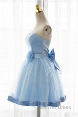 Light Blue Tulle Sweetheart With Bow Cute Party Dresses, Blue Short Homecoming Dresses Prom Dresses
