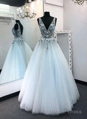 Light Blue Tulle V Neck Long A Line Prom Dress Formal Dress Graduation Dress