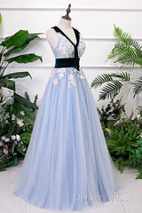 Light Blue Tulle With Flowers Lace Long Evening Dresses Prom Dresses, A-Line Party Dresses