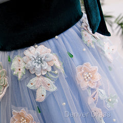 Light Blue Tulle With Flowers Lace Long Evening Dresses Prom Dresses, A-Line Party Dresses