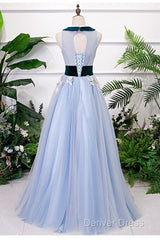Light Blue Tulle With Flowers Lace Long Evening Dresses Prom Dresses, A-Line Party Dresses
