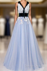 Light Blue Tulle With Flowers Lace Long Evening Dresses Prom Dresses, A-Line Party Dresses