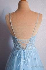Light Blue V Neck Lace-Up Appliques Tulle Long Prom Dress