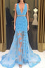 Light Blue V Neck Mermaid Lace Applique Long Prom Dress, Lace Blue Prom Dress