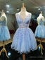 Light Blue V Neckline Knee Length Short Prom Dress, Blue Homecoming Dresses