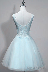 Light Blue V-Neckline Lace Applique Tulle Homecoming Dress, Low Back Short Prom Dress