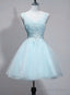 Light Blue V-Neckline Lace Applique Tulle Homecoming Dress, Low Back Short Prom Dress