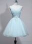 Light Blue V Neckline Lace Applique Tulle Homecoming Dress, Low Back Short Prom Dresses