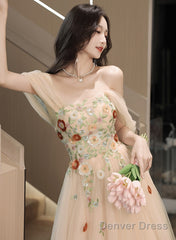 Light Champagne A-Line Off Shoulder Party Dress, Tulle With Lace Applique Prom Dress