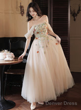 Light Champagne A-Line Off Shoulder Party Dress, Tulle With Lace Applique Prom Dress