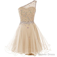 Light Champagne Beaded One Shoulder Chic Homecoming Dresses, Short Party Dress Prom Dresses