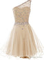 Light Champagne Beaded One Shoulder Chic Homecoming Dress, Short Prom Dress