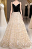 Light Champagne Beaded V-Neckline Prom Dress, Cute Straps Long Prom Dresses