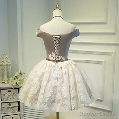 Light Champagne Lace and Satin Off Shoulder Party Dress Homecoming Dress, Short Prom Dress