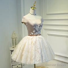 Light Champagne Lace and Satin Off Shoulder Party Dress Homecoming Dress, Short Prom Dress