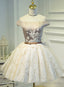 Light Champagne Lace and Satin Off Shoulder Prom Dress Homecoming Dress, Short Prom Dresses
