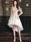 Light Champagne Lace Applique Short Sleeves High Low Party Dress, Short Homecoming Dresses