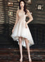 Light Champagne Lace Applique Short Sleeves High Low Prom Dress, Short Homecoming Dresses