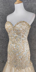 Light Champagne Mermaid Sweetheart Neck Beaded Tulle Long Ball Dresses Vintage Evening Dresses