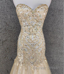 Light Champagne Mermaid Sweetheart Neck Beaded Tulle Long Ball Dresses Vintage Evening Dresses