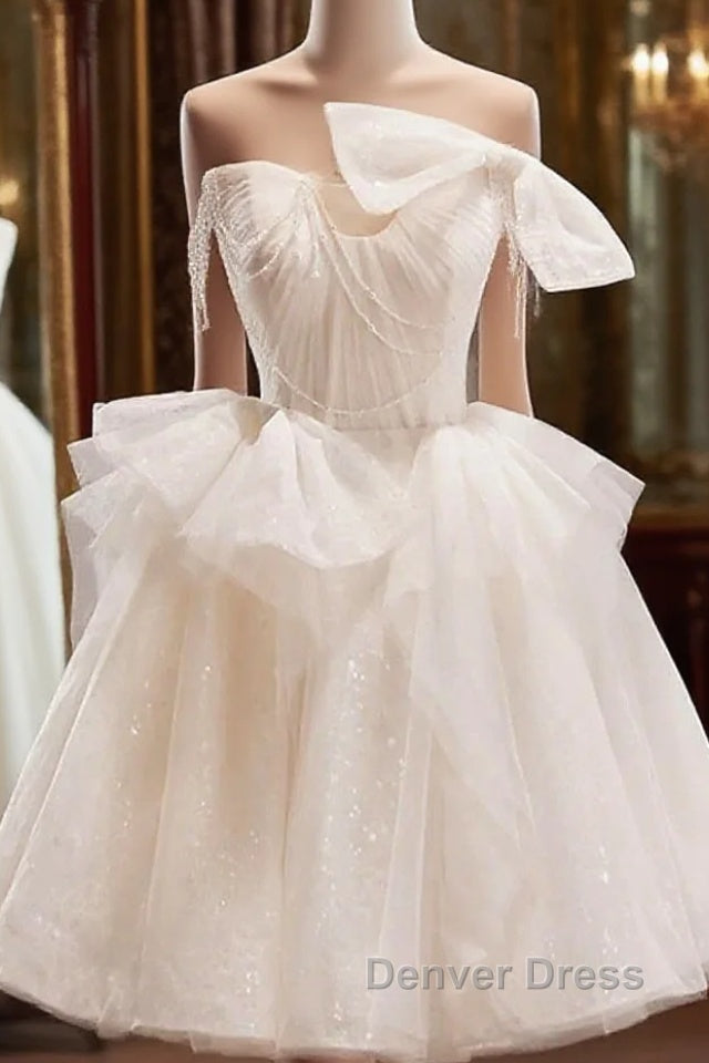 Light Champagne Short Tulle Prom Dresses, Short Light Champagne Formal