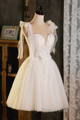 Light Champagne Spaghetti Strap Short Prom Dresses, Cute A-Line Tulle Evening Party Dresses