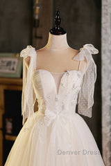 Light Champagne Spaghetti Strap Short Prom Dresses, Cute A-Line Tulle Evening Party Dresses