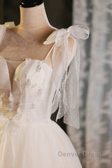 Light Champagne Spaghetti Strap Short Prom Dresses, Cute A-Line Tulle Evening Party Dresses