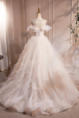Light Champagne Spaghetti Strap Tulle Long Prom Dresses, Beautiful A-Line Formal Evening Dresses
