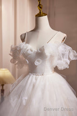 Light Champagne Spaghetti Strap Tulle Short Prom Dress, Beautiful A-Line Evening Party Dress