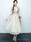 Light Champagne Tea Length Floral Lace Prom Dress Bridesmaid Dress, Cute Short Prom Dresses