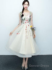 Light Champagne Tea Length Floral Lace Formal Dress Bridesmaid Dress, Cute Short Party Dresses