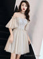Light Champagne Tulle Beaded Sweetheart Homecoming Dress, Short Prom Dresses