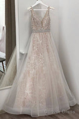 Light Champagne Tulle Beads Long Prom Dress, Tulle Evening Dress