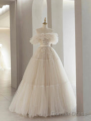 Light Champagne Tulle Lace Floor Length Prom Dress, Beautiful A-Line Evening Party Dress