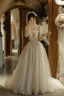 Light Champagne Tulle Lace Long Prom Dress, A Line Strapless Prom Dresses