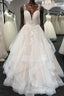 Light champagne tulle lace long prom Dress, tulle Prom Dresses