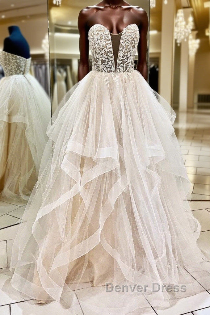 Light champagne tulle lace long prom dress tulle formal dress – Denver