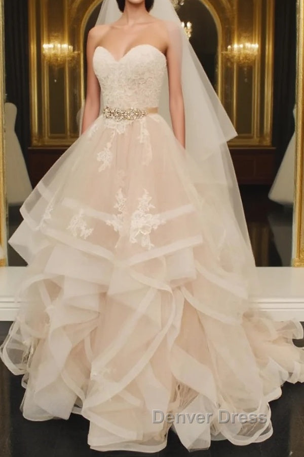 Light champagne tulle lace long prom dress, tulle lace evening dress