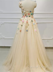 Light Champagne Tulle With Flowers Long Evening Dresses, A-Line Tulle Formal Dresses