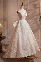 Light Champagne V-Neck Lace Long Prom Dresses, A-Line Spaghetti Straps Backless Party Dresses With Bow