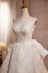 Light Champagne V-Neck Lace Long Prom Dresses, A-Line Spaghetti Straps Backless Party Dresses With Bow