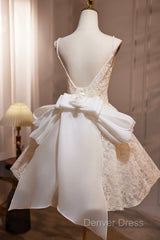 Light Champagne V-Neck Lace Short Prom Dresses, A-Line Spaghetti Straps Backless Party Dresses With Bow